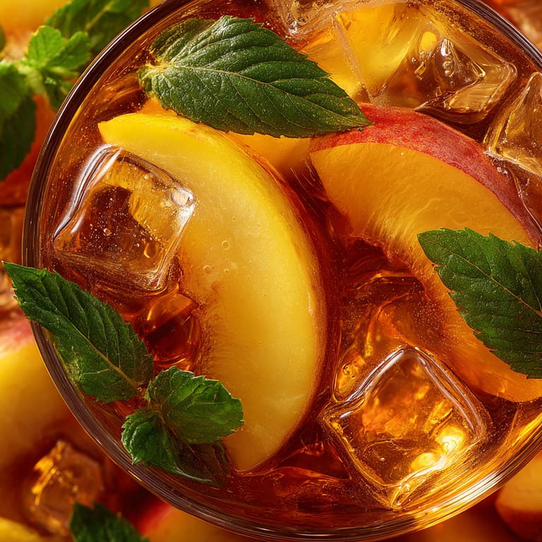 A glass of peach iced tea with a slice of peach in it.