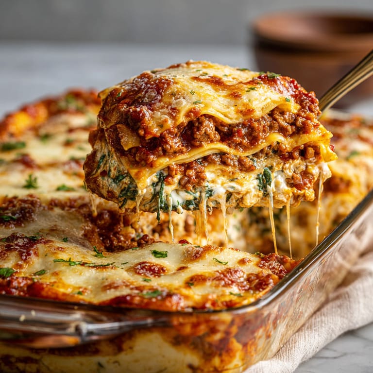 A close up of a lasagna with cheese and meat.