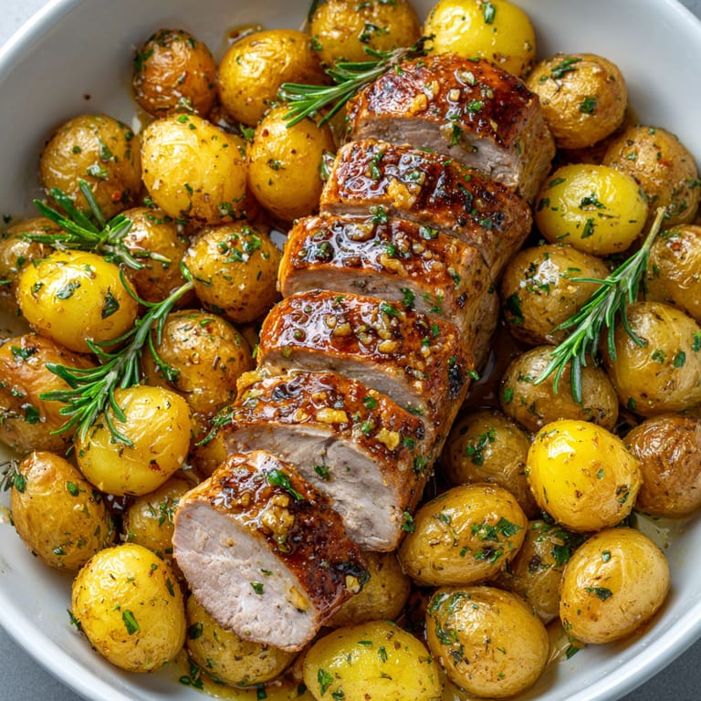 A plate of food with potatoes, meat, and herbs.