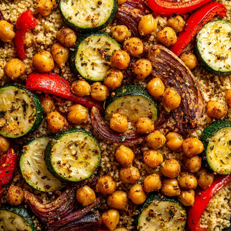 A close up of a Mediterranean dish with chickpeas and vegetables.
