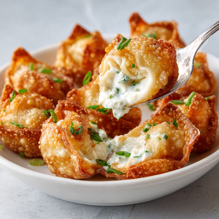 A bowl of crab rangoon with a spoon in it.
