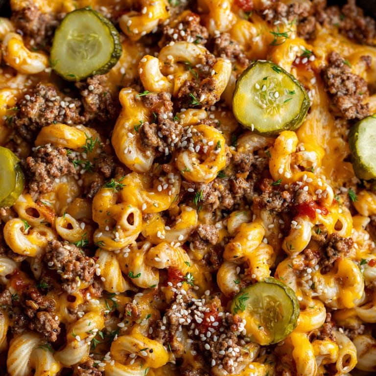 A dish of macaroni and cheese with a slice of pickle on top.