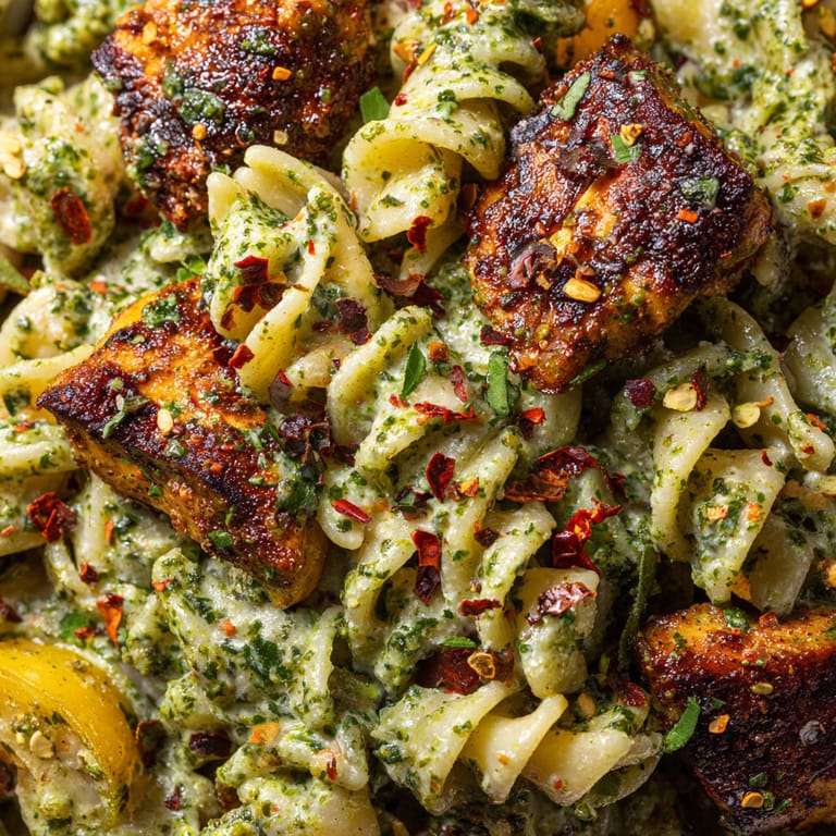 A delicious creamy pesto chicken tikka pasta dish.