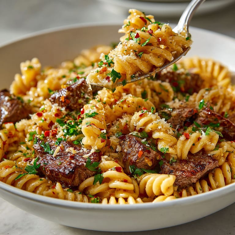 A bowl of pasta with meat and spices.