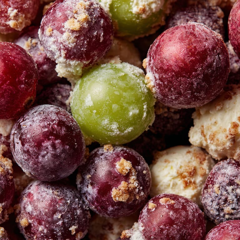 Frozen grape clusters in a pile.
