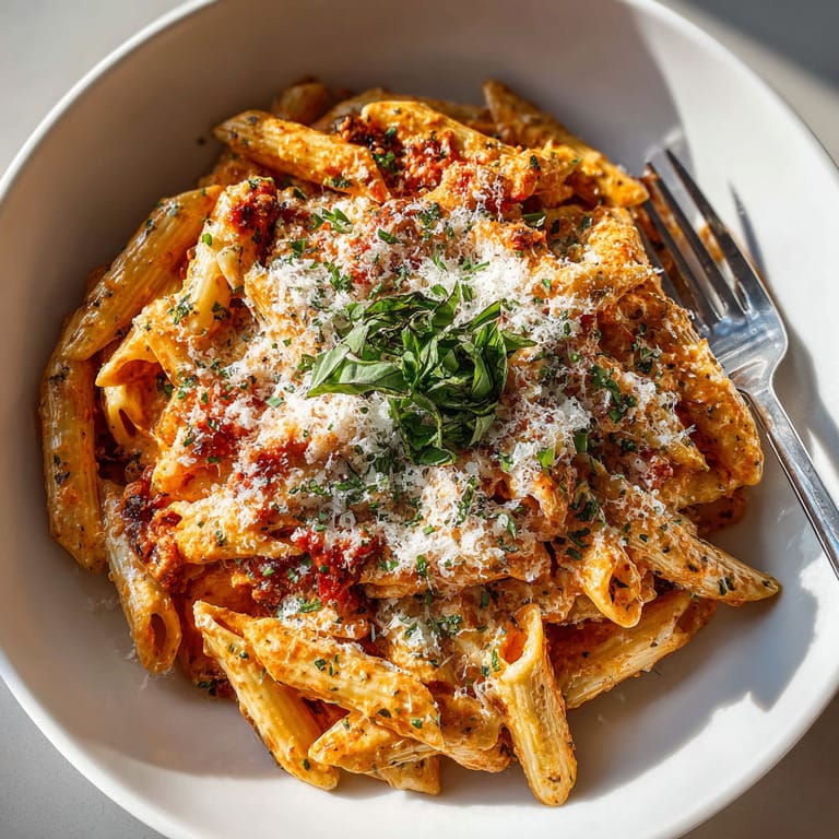 A bowl of pasta with cheese and herbs.