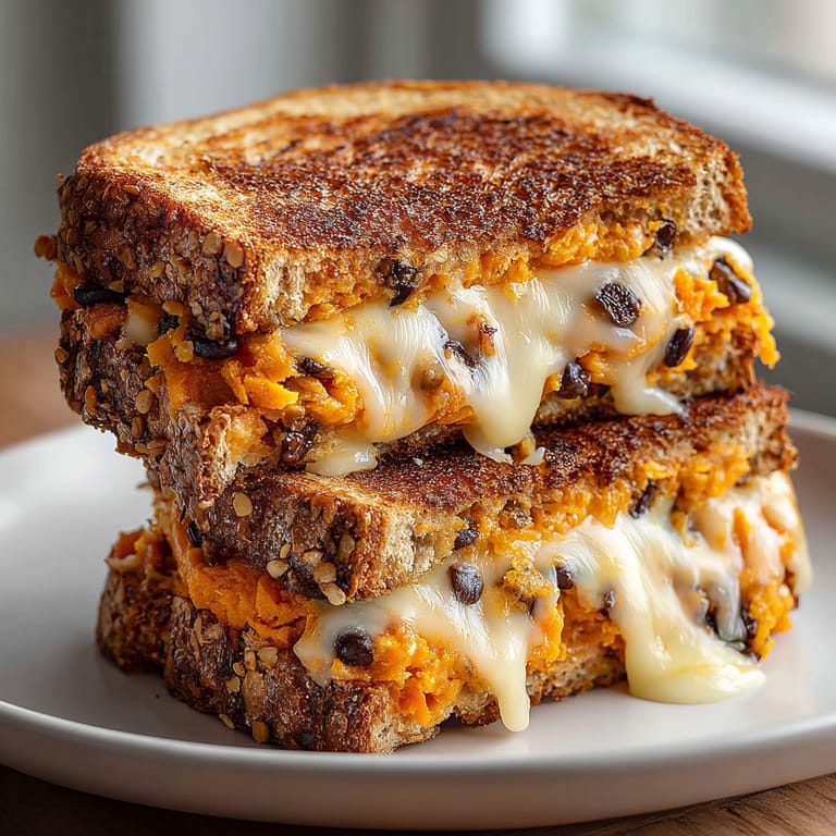 A grilled cheese sandwich with sweet potato and black beans.