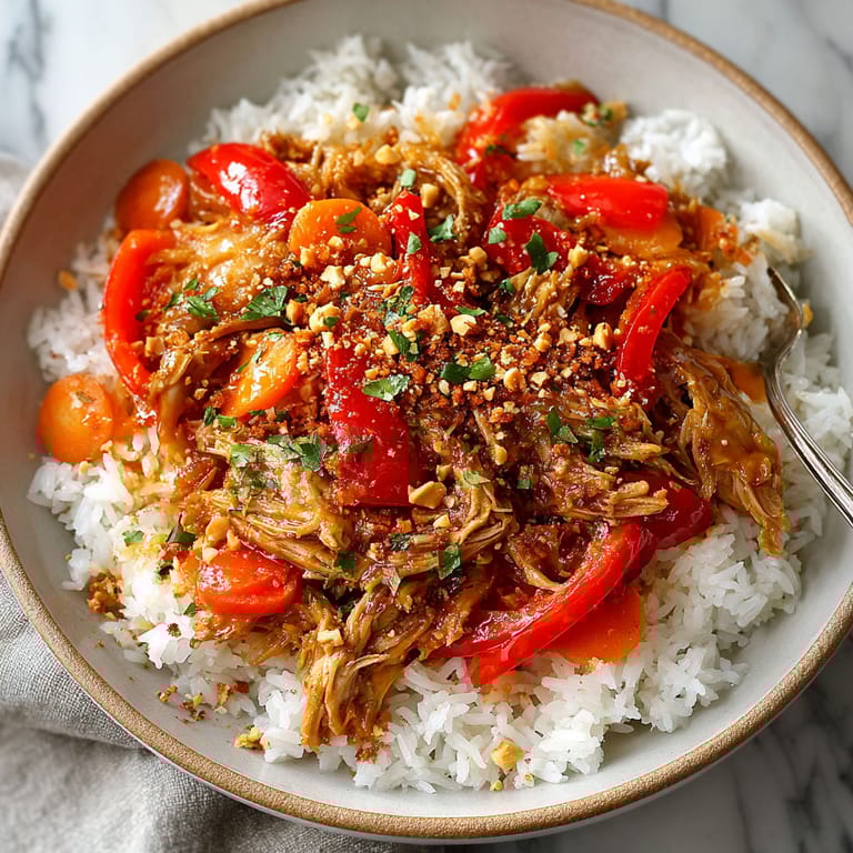 A bowl of slow cooker Thai peanut chicken.