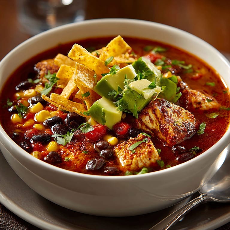 A bowl of soup with chicken, beans, and tortilla chips.