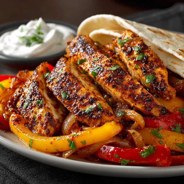 A plate of food with chicken, peppers, and a tortilla.