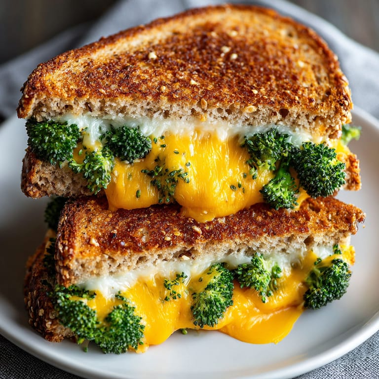 A sandwich with cheese and broccoli on a white plate.