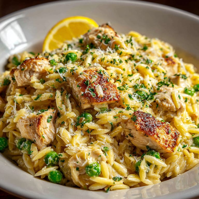 A bowl of pasta with chicken and peas.
