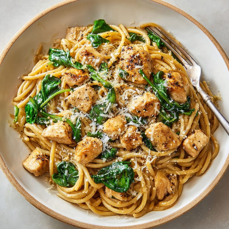 A bowl of pasta with chicken and spinach.