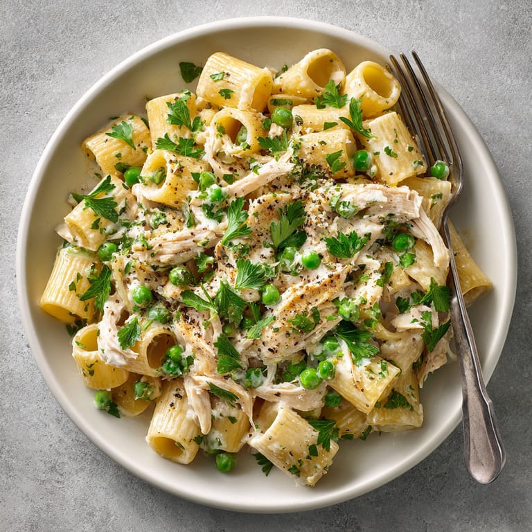 A bowl of pasta with chicken and peas.