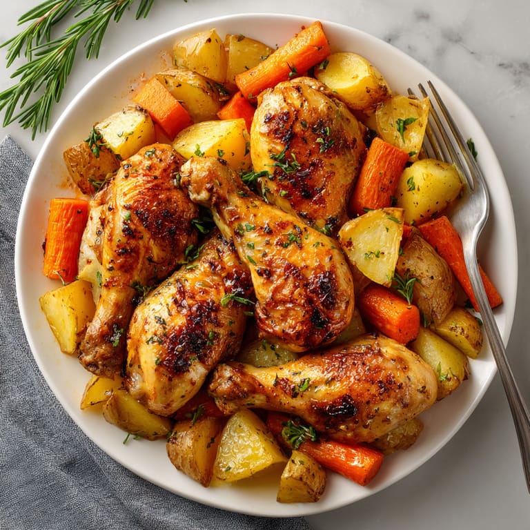 A plate of food with chicken, potatoes, and carrots.