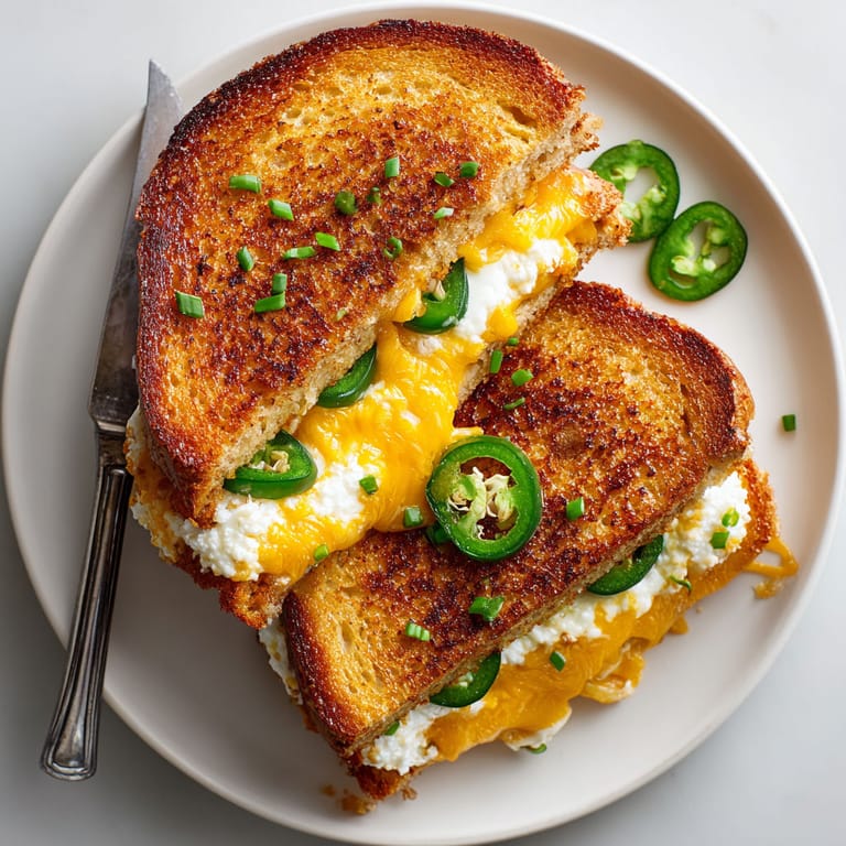 A sandwich with jalapenos and cheese on a plate.
