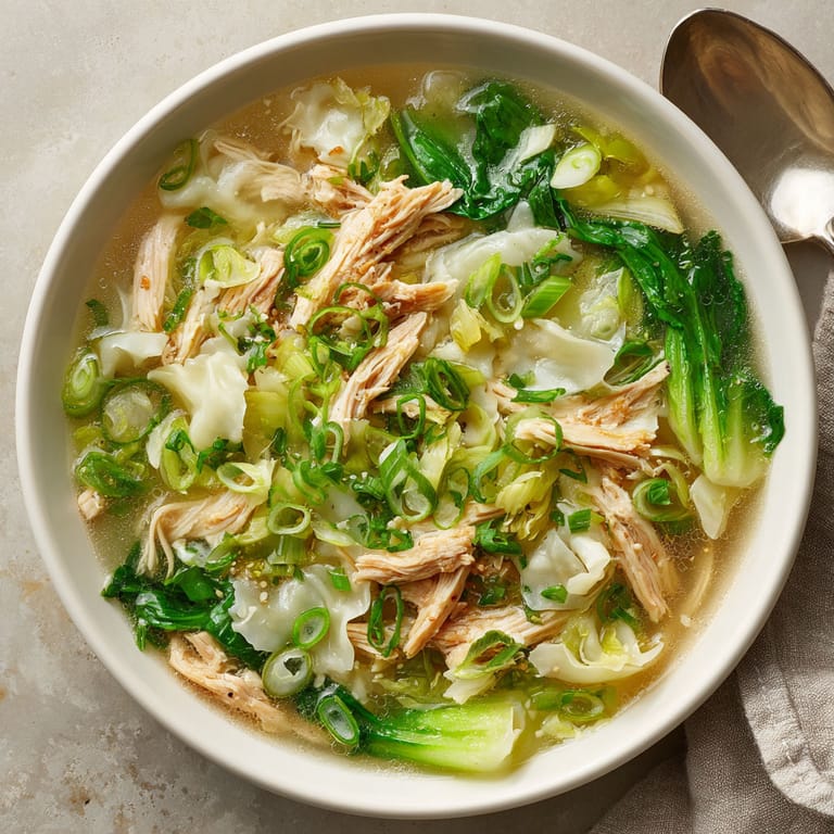 A bowl of soup with chicken, broccoli, and onions.