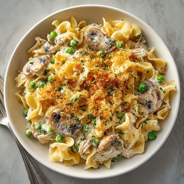 A bowl of pasta with mushrooms and peas.