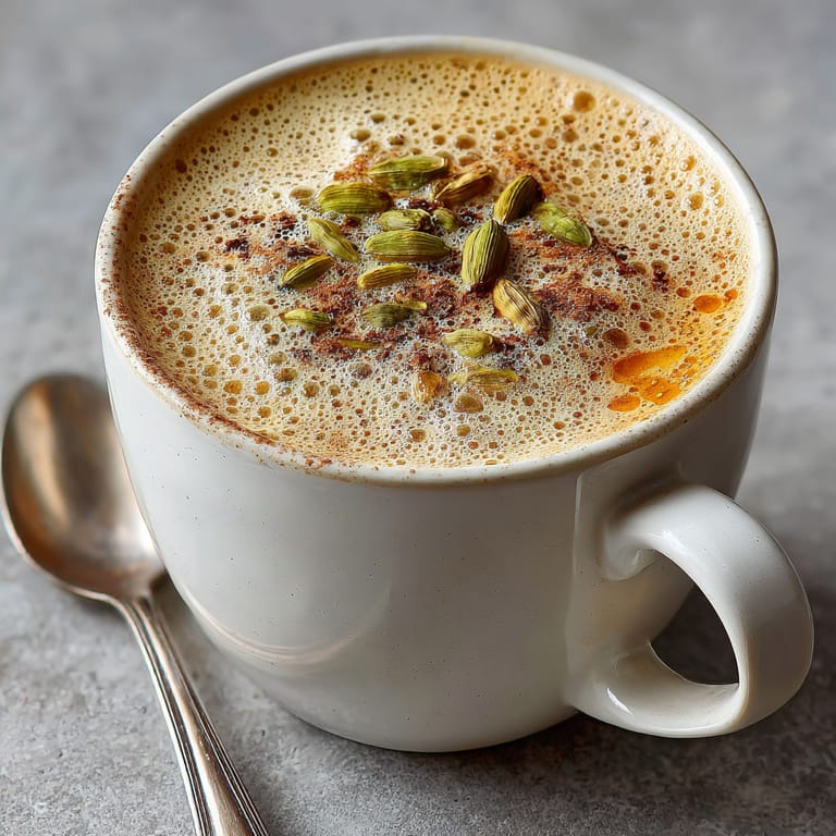 A cup of spiced chai latte with a spoon in it.