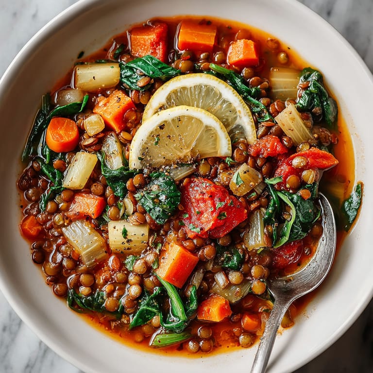 A bowl of soup with vegetables and a lemon wedge.