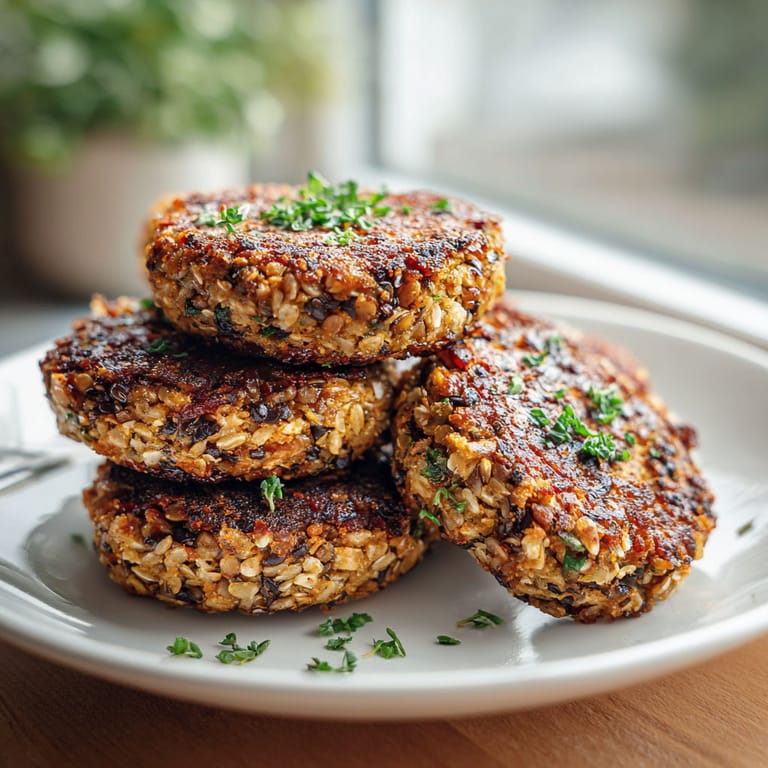 A stack of three patties on a plate.