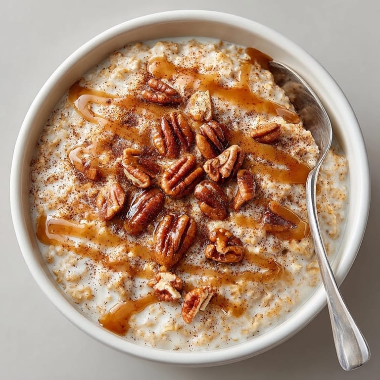 Pumpkin spice oatmeal with maple drizzle, steaming hot and garnished with autumn spices