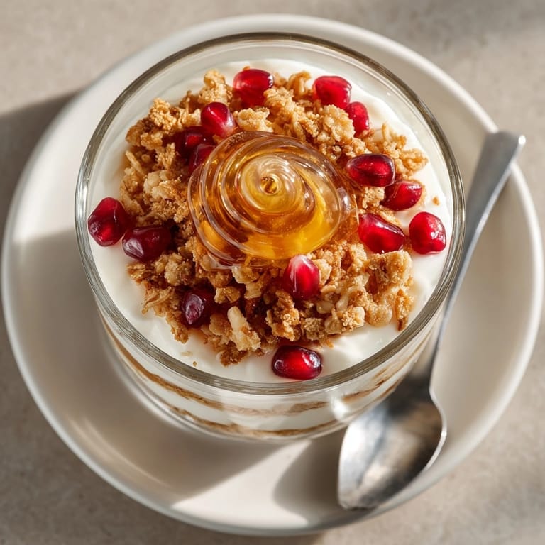 Healthy Greek Yogurt Parfait with Pomegranate & Granola served for breakfast with silver spoon.