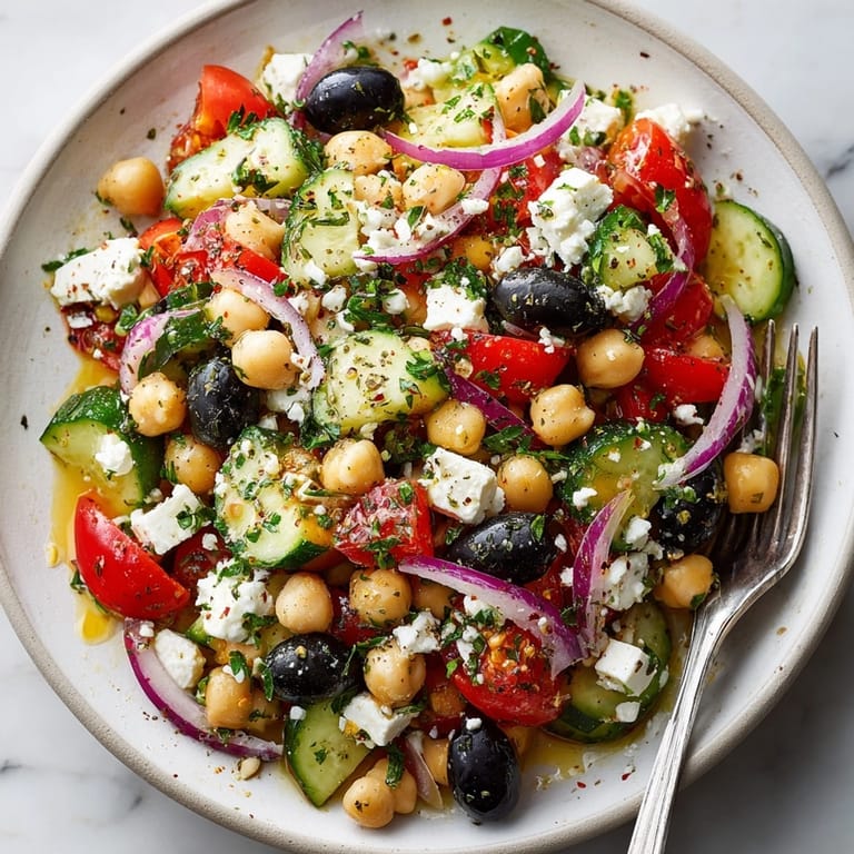 Colorful bowl of Mediterranean Chickpea and Feta Salad topped with herbs, ready to serve
