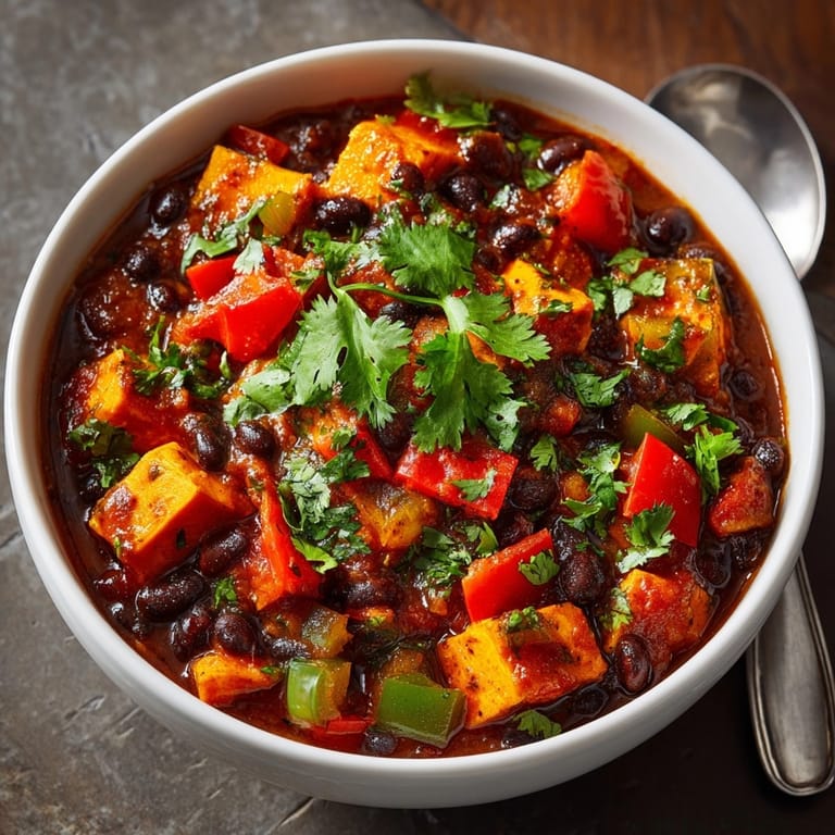 Close-up of sweet potato and black bean chili topped with creamy avocado and cilantro.