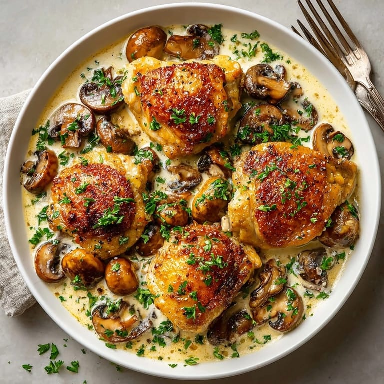 Close-up of One-Pan Creamy Mushroom Chicken with mushrooms and creamy sauce, perfect for weeknight meals