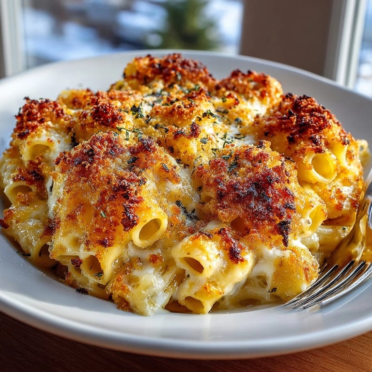 Golden baked mac and cheese with crispy topping served on a rustic wooden table.
