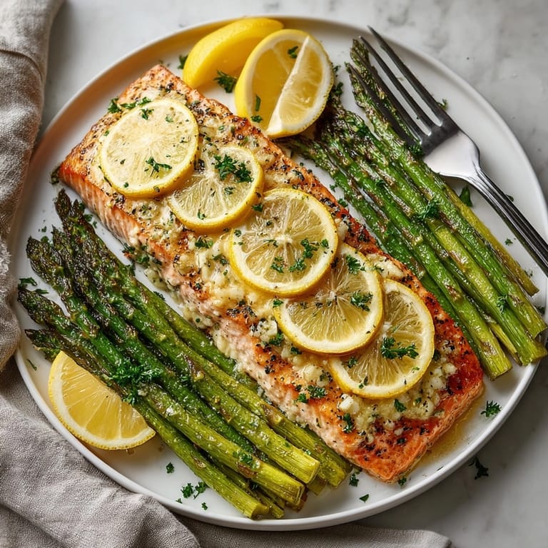 Crispy sheet pan lemon garlic salmon with asparagus served hot, bursting with zesty citrus aroma