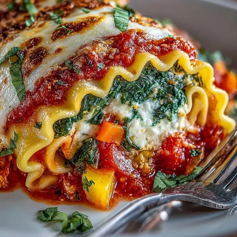 Freshly baked freezable vegetable lasagna rolls served golden and steaming on a rustic dinner plate.