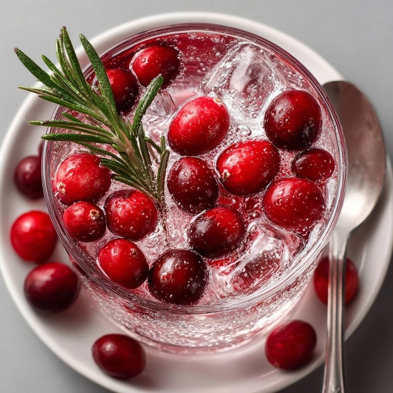 Sparkling cranberry rosemary spritzer cocktail highlighted by festive red color and aromatic rosemary sprig