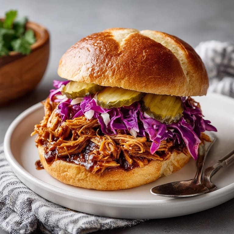 Close-up of saucy slow cooker BBQ pulled chicken sandwiches, perfect for summer cookouts or weeknight dinners