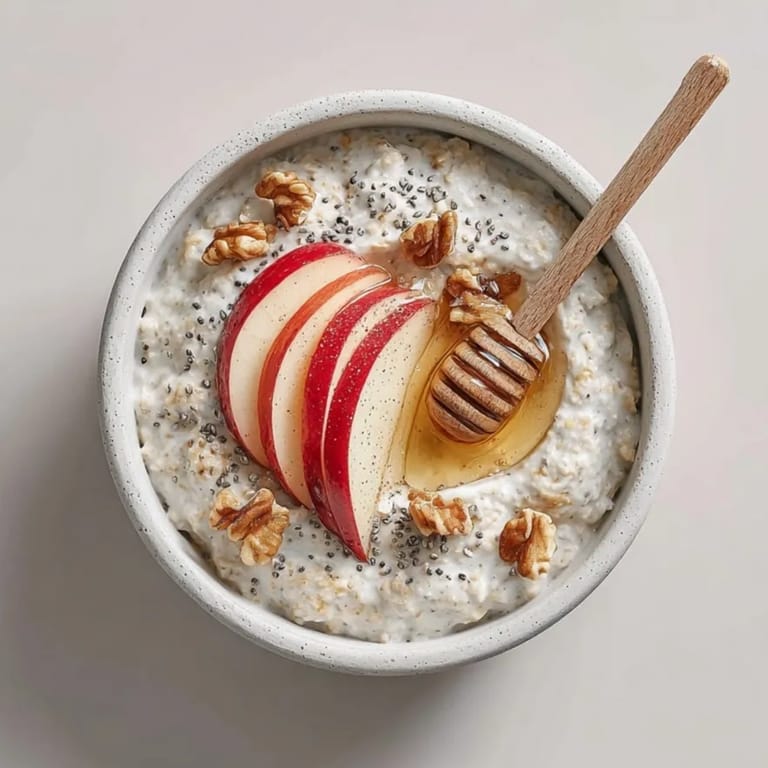 Warm spiced cinnamon apples topping sweet, chilled Cinnamon Apple Overnight Oats for a quick meal.