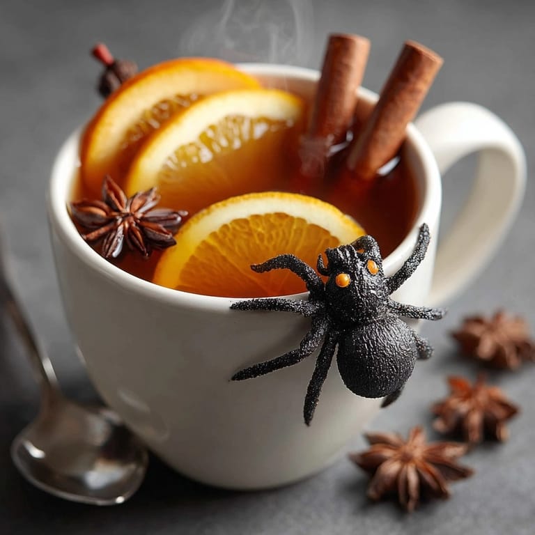 Steaming mugs of homemade Spider Cider finished with licorice spider decorations.