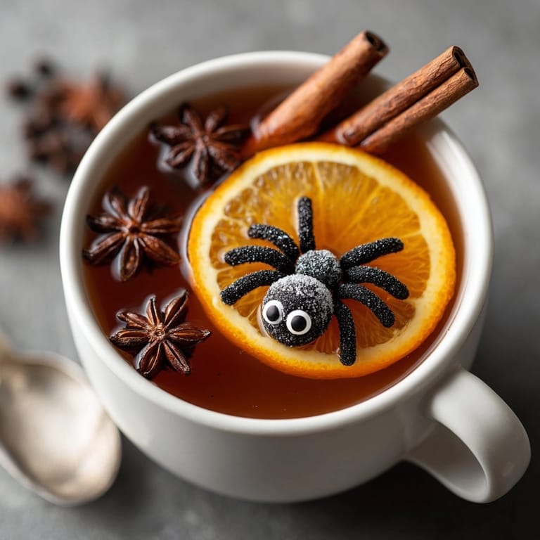 Warm and spiced Spider Cider brewing, an autumn harvest treat with spooky spiders.