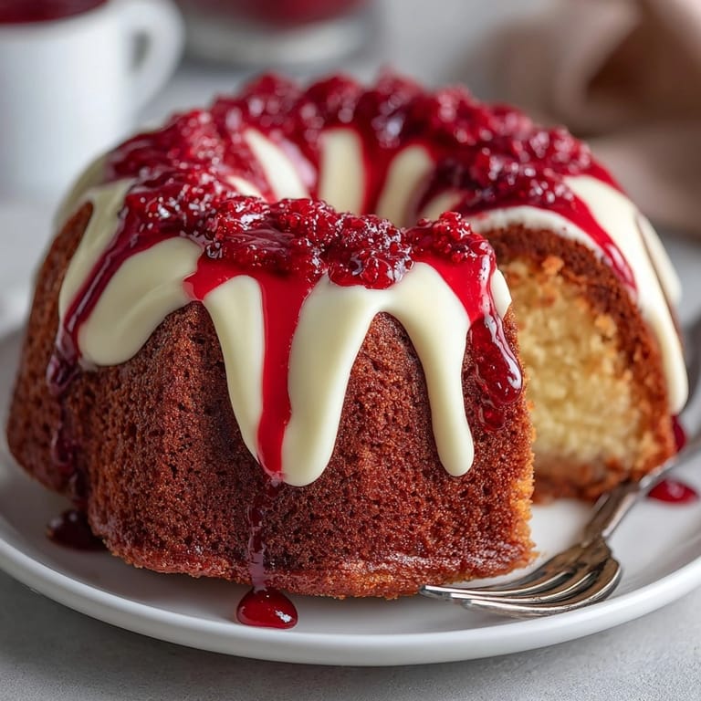 Top-down view, moist Vampire Blood Red Velvet Bundt Cake with dripping red raspberry glaze.