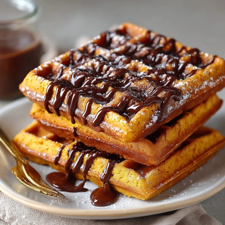 Delicious pumpkin spice waffles being served with a rich, homemade chocolate web.