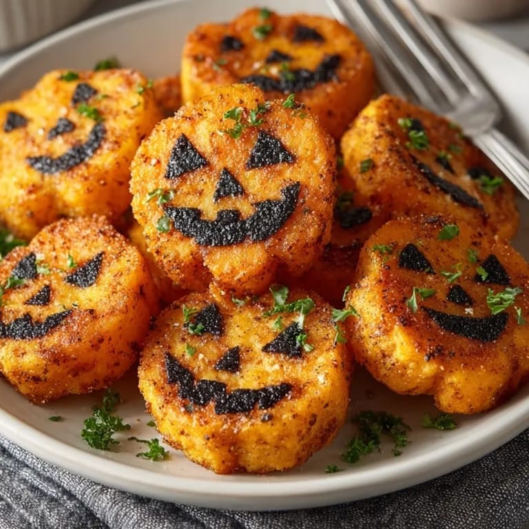 Air-Fryer Sweet Potato Jack-o'-Lantern Fries with festive carved faces, a delicious Halloween treat.