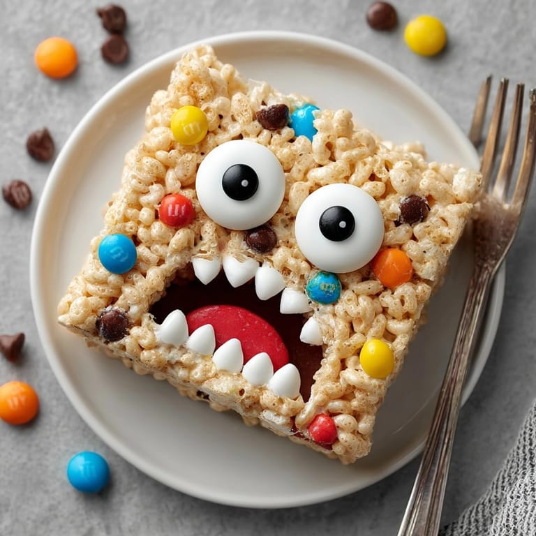 Overhead shot of homemade Monster Marshmallow Cereal Bars cooling, a simple no-bake treat.