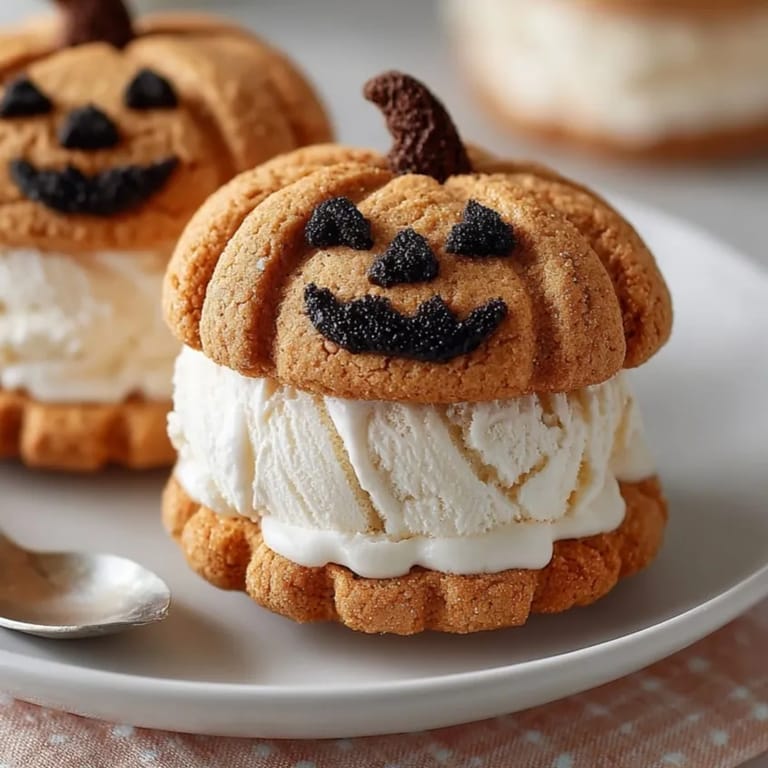 Festive Jack-o'-Lantern ice cream sandwiches, a spiced fall dessert, ready for Halloween fun.
