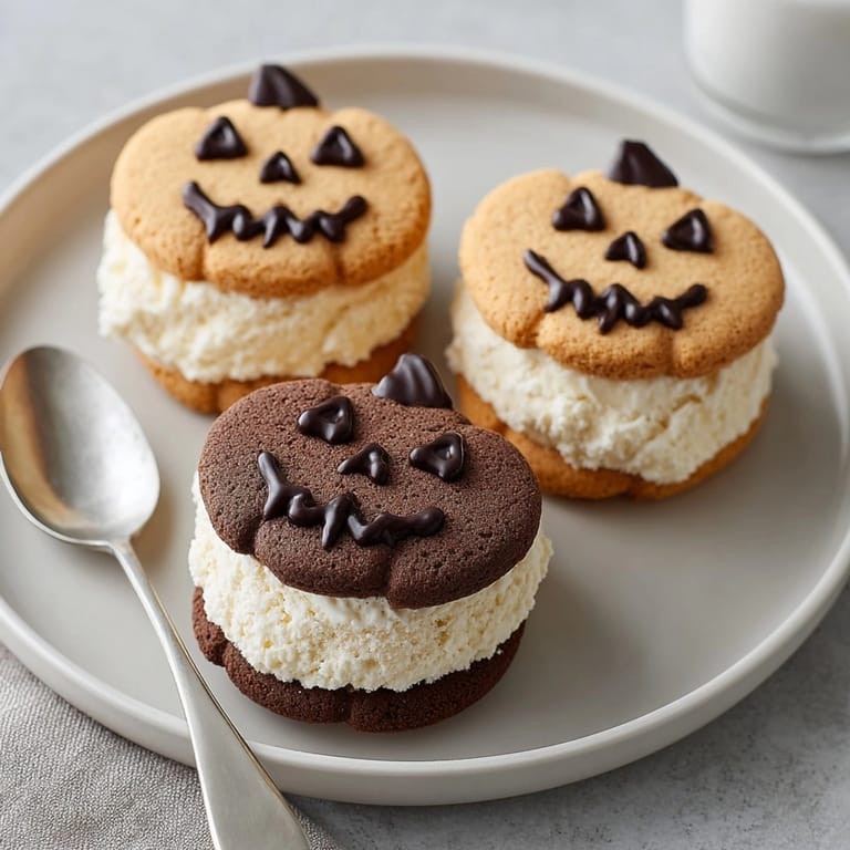 Crisp pumpkin cookies filled with vanilla ice cream to make mini Jack-o'-Lantern faces.
