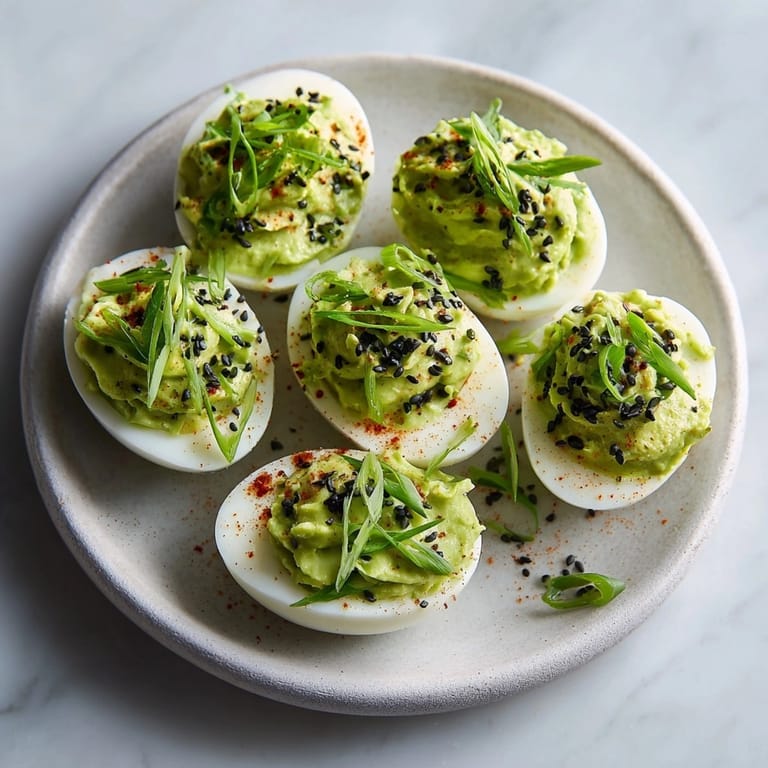 Vibrant Ghastly Green Deviled Eggs: A Halloween appetizer with spicy wasabi filling.