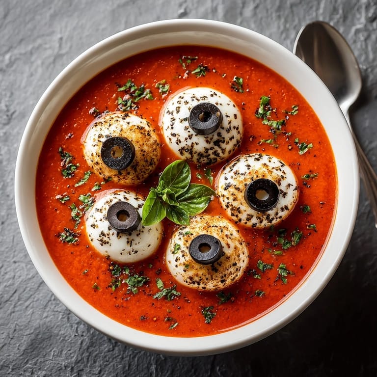 Homemade Eyeball Mozzarella Tomato Soup: A flavorful, vegetarian meal, perfect for themed parties.