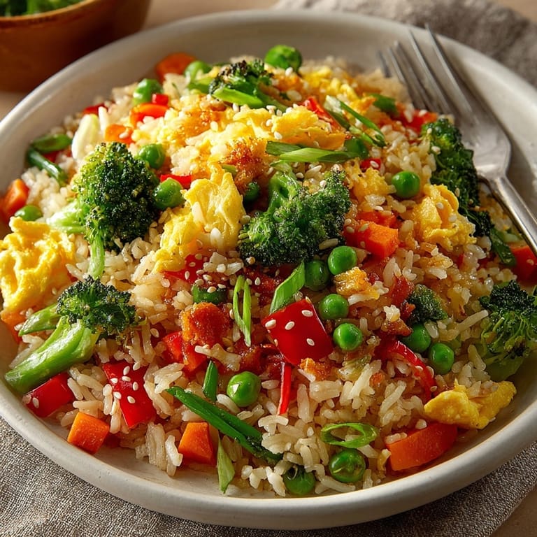 Close-up view of colorful 10-Minute Veggie Fried Rice, steaming, with sesame seed garnish.