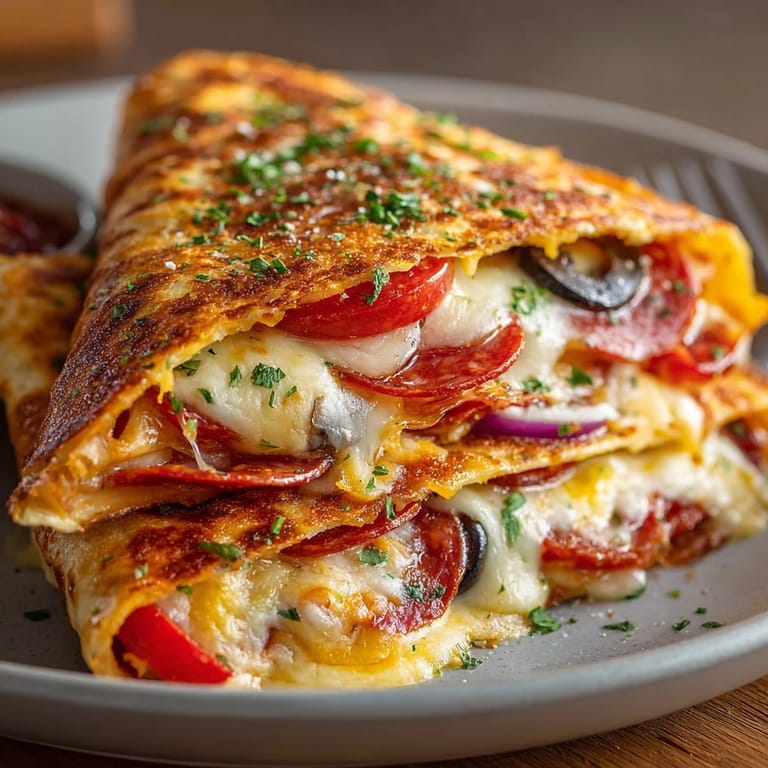 Quick Pizza Tortilla Hack folded and grilled; serve hot for an affordable meal.