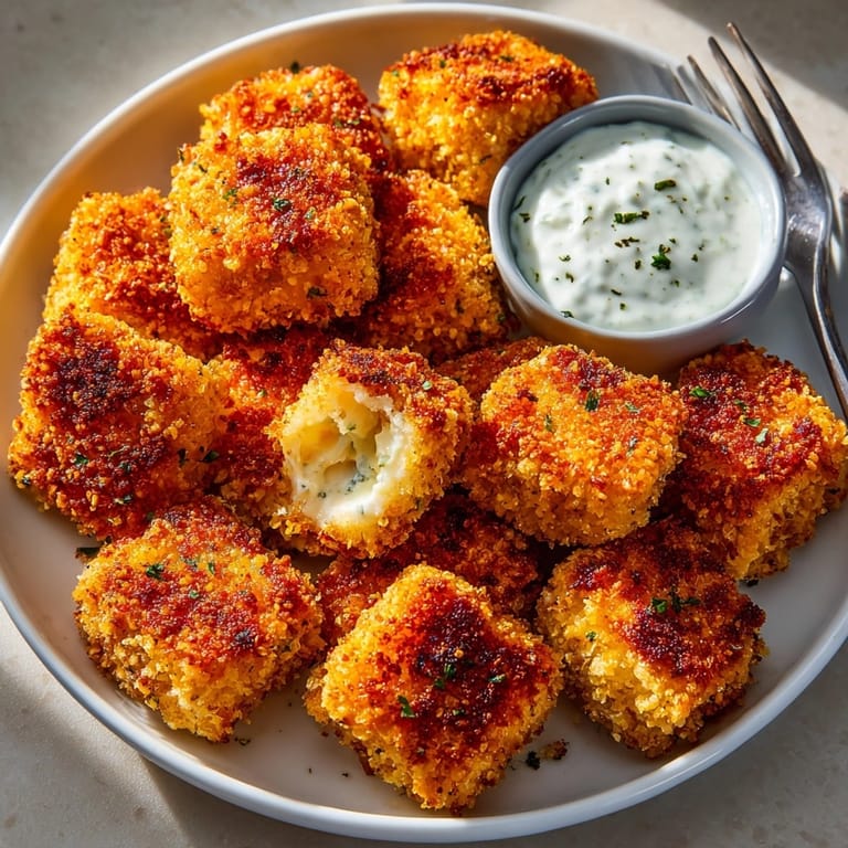 A close-up of irresistible, golden Crispy Air Fryer Tofu Nuggets, fresh from the air fryer.