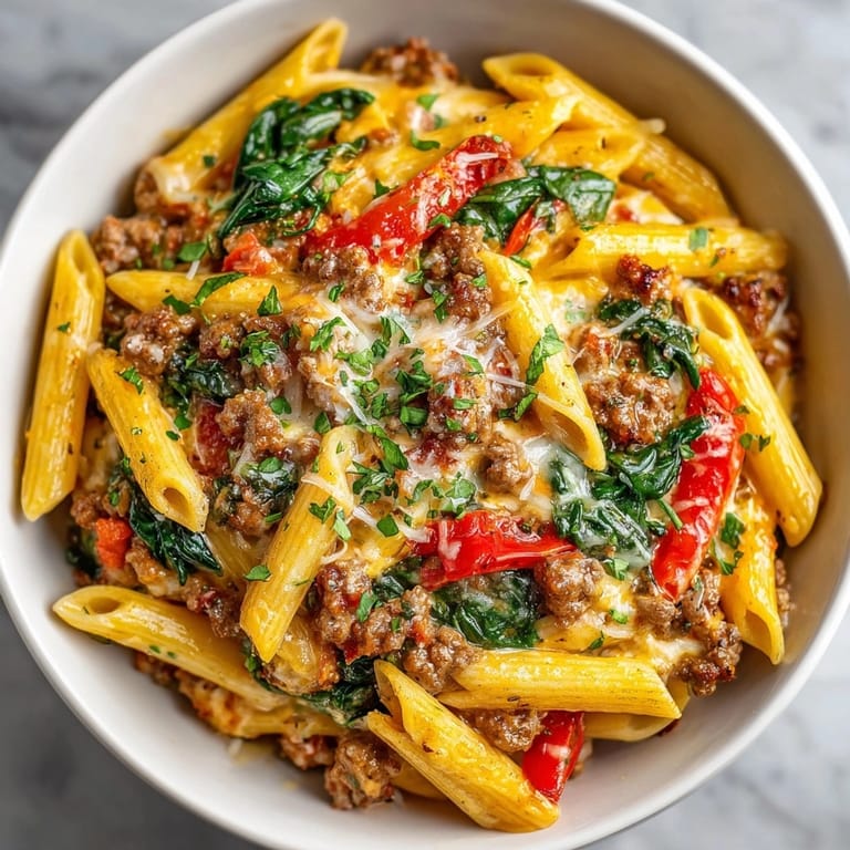 Warm, fragrant One-Pot Sausage Pasta recipe in a skillet, topped with fresh basil.